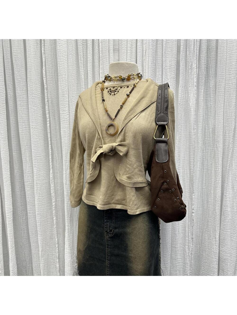 Vintage Boho Cottage Hippie Tan Wrap Sweater (S)